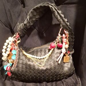 Black Leather Woven Handbag with Colorful Charms. Hobo Style